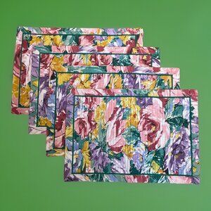 Vintage 90s Floral Pleated Placemats 12.5 X 17" Colorful Cotton Blend Dopamine